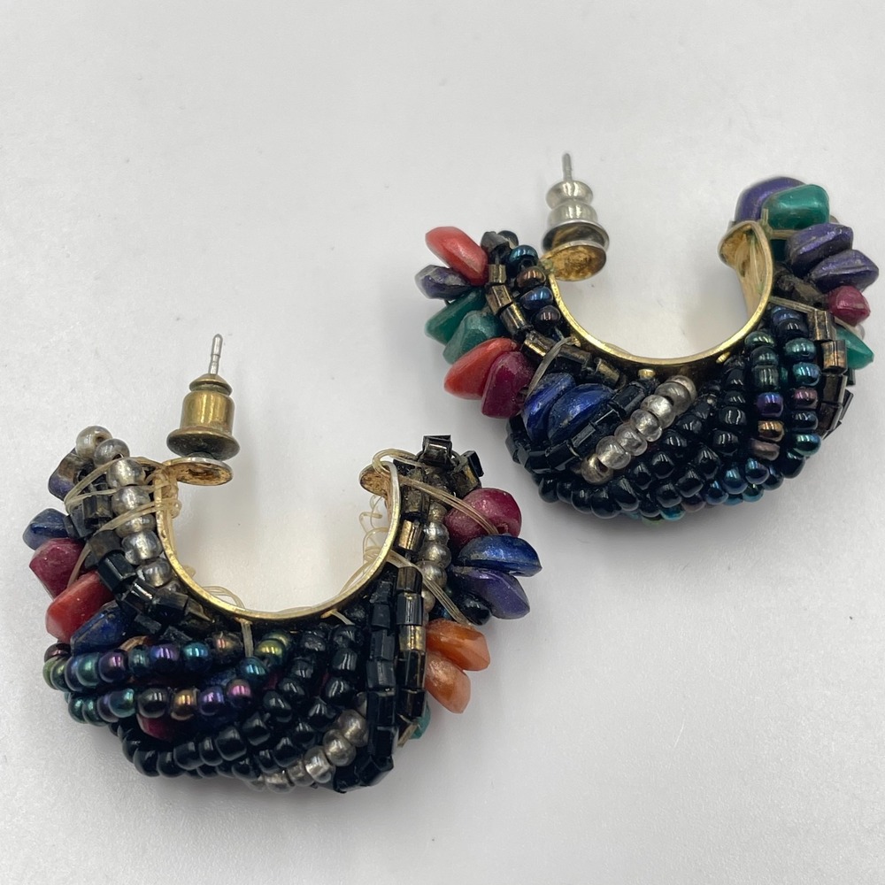 Vintage Y2K Chunky Beaded Hoop Earrings Boho Multi Color Stone Glass Gold Tone